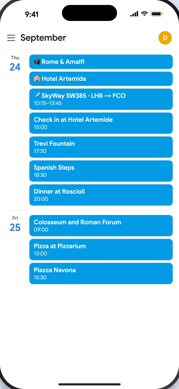 The Tripw calendar in Google Calendar's schedule view, with all the trip's events