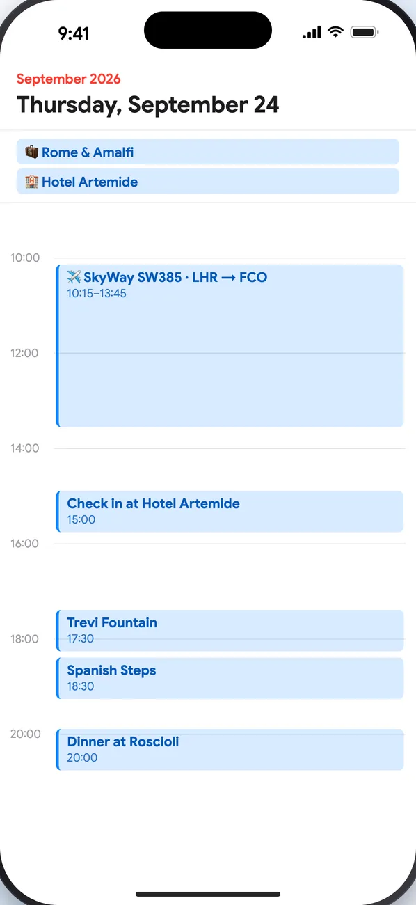 The phone's calendar on the trip's first day: the flight, the hotel and the activities at their times