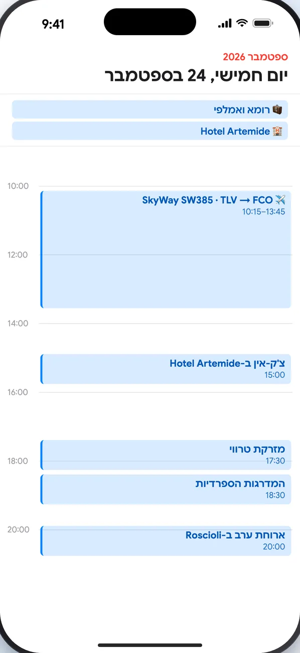 יומן הטלפון ביום הראשון של הטיול: הטיסה, המלון והפעילויות בשעות שלהן