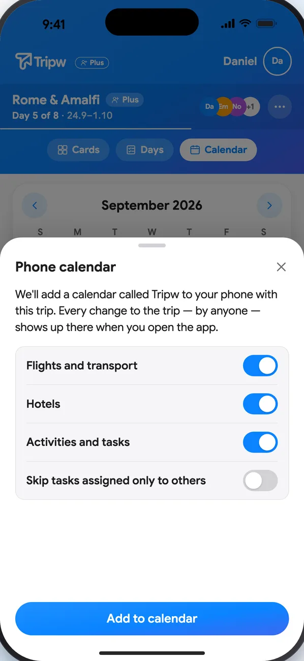 The “Phone calendar” sheet: what to include (flights, hotels, activities) and an “Add to calendar” button