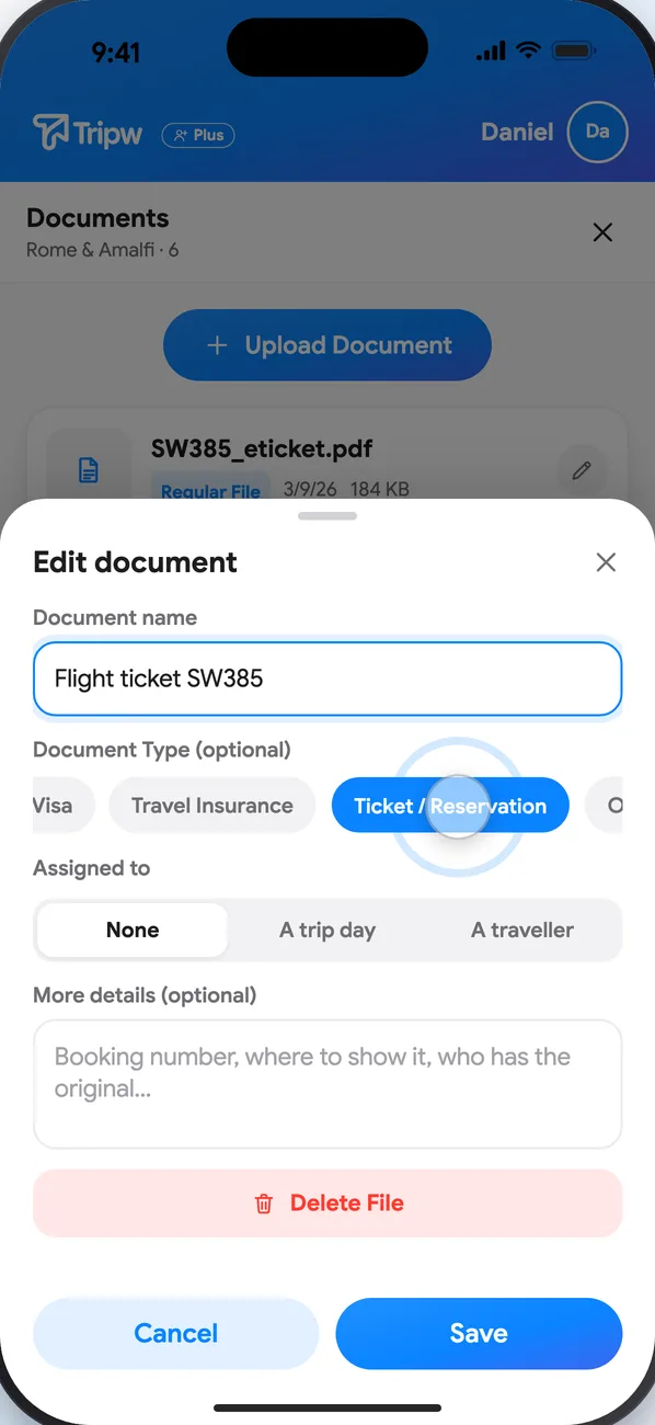 Editing a document: name, type (ticket, hotel confirmation, insurance…), the day or traveller it belongs to, and notes