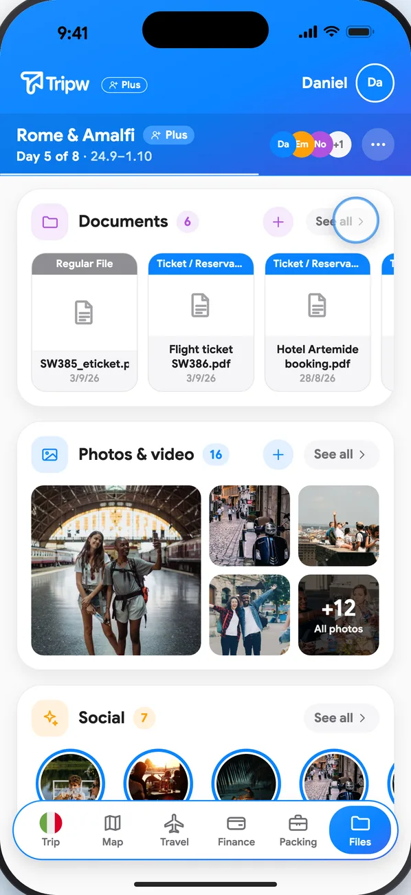 The Docs & media tab with three collections: documents, photos & video and social, each with “See all”