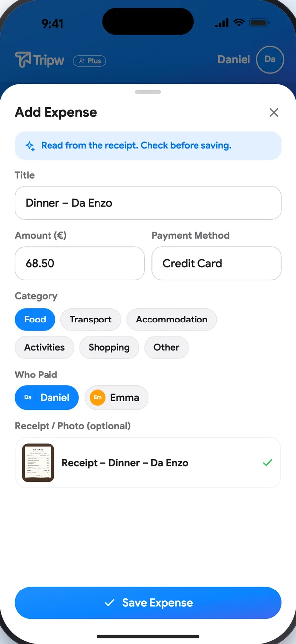 A filled-in “Add Expense” form: title, amount, category, who paid, who shares it, and the receipt attached