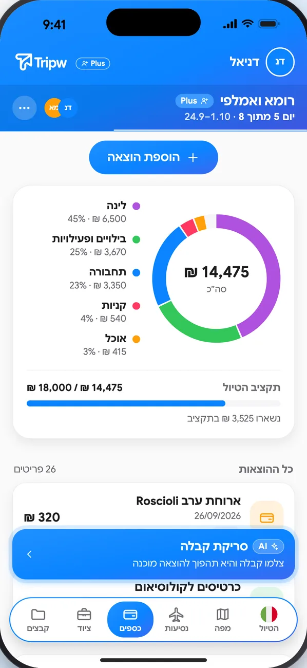 מסך הכספים: ״הוספת הוצאה״, ״סריקת קבלה״ עם AI, גרף ההוצאות לפי קטגוריה, התקציב ורשימת ההוצאות