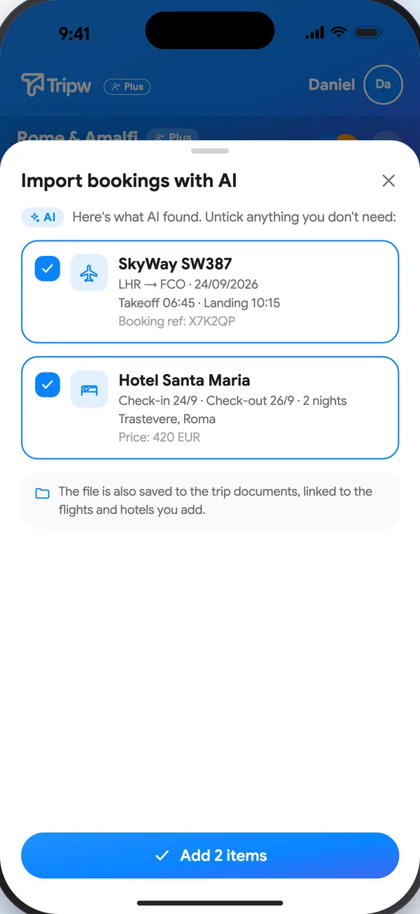 The “Import bookings with AI” sheet with a flight and a hotel found, ticked, and an “Add 2 items” button