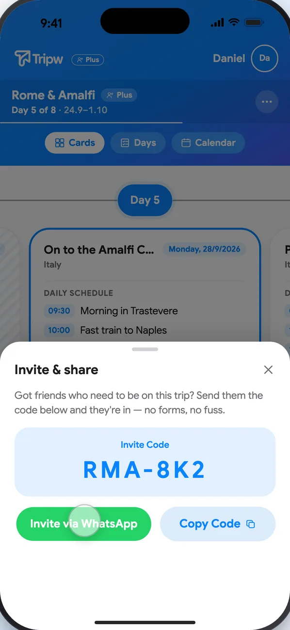 The “Share the trip” sheet with the invite code and the “Invite via WhatsApp” and “Copy Code” buttons
