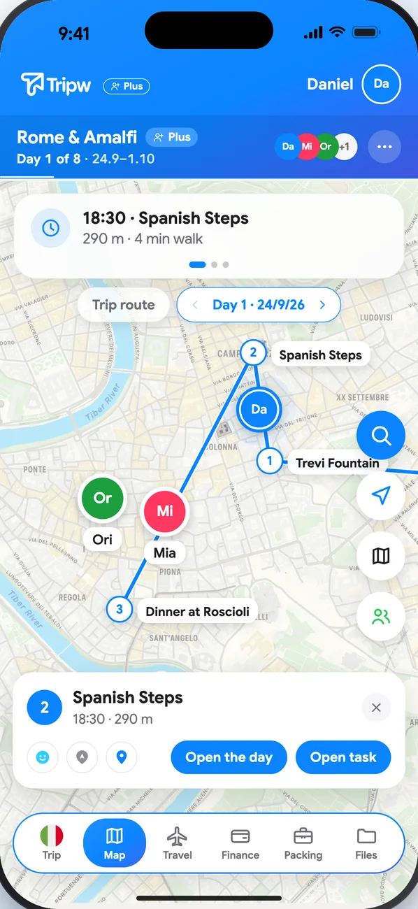 A place card on the map with directions, “Open the day” and “Open task”