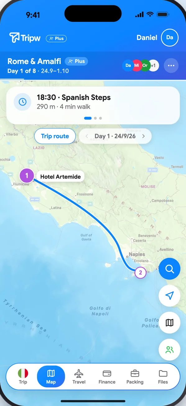 “Trip route”: the whole trip on one map, numbered in order