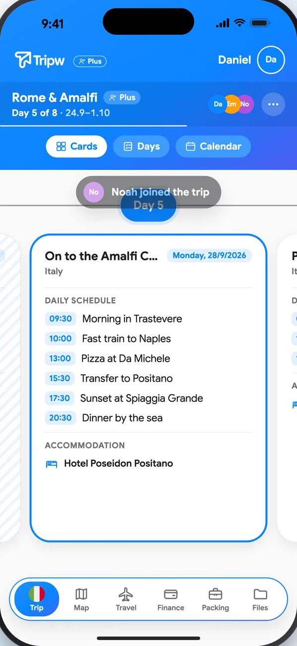 The trip with the members who joined, and a “Noah joined the trip” notice
