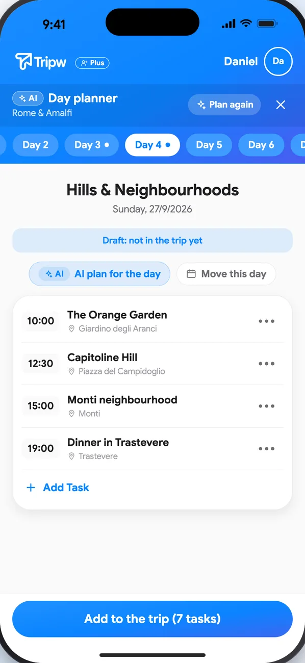 The day planner after “A different plan”: other places for the same day