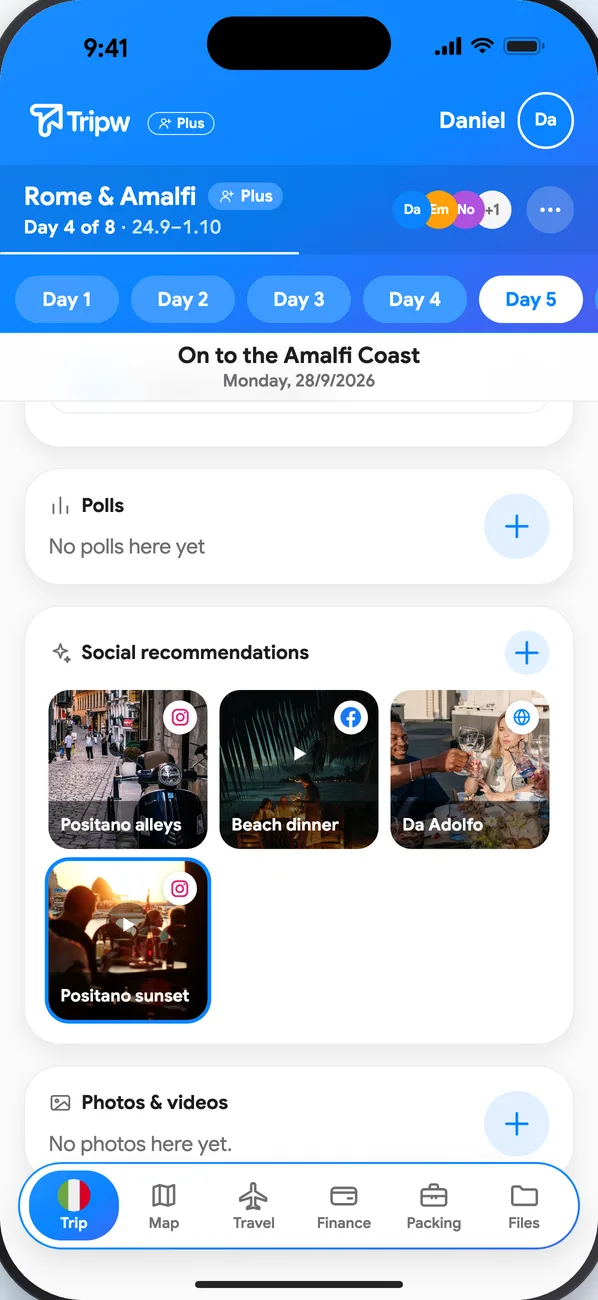 A day page with “Social picks”: picture tiles from Instagram, TikTok and Facebook