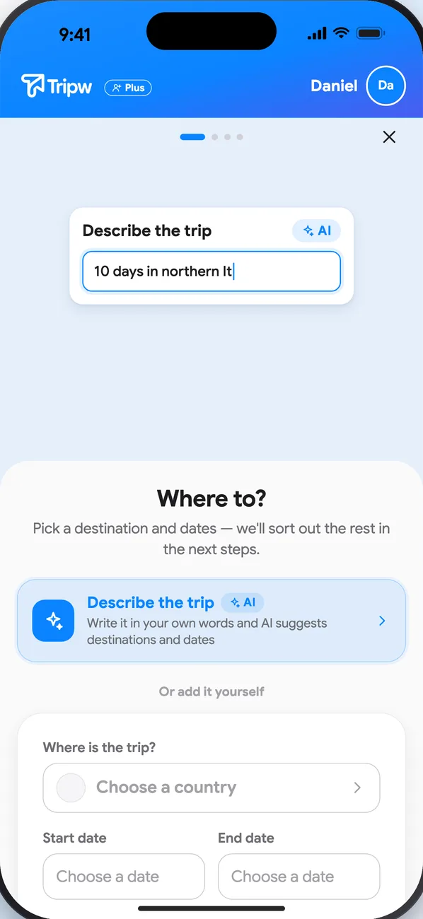 The wizard's destinations step: “Where to?” with a country and dates, and “Describe the trip” with AI above it