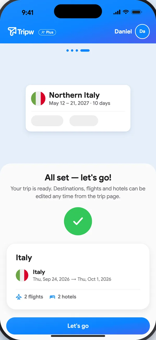 The wizard's last step: “All set, let's go!” with the destination, flights and hotels