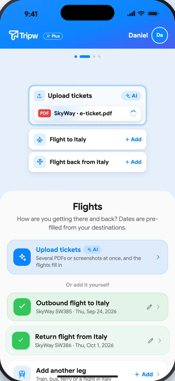 The wizard's flights step after uploading tickets: outbound and return flights filled in